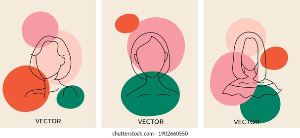  Set of abstract minimalistic female portraits. Vector set of abstract backgrounds with portraits in simple liner style