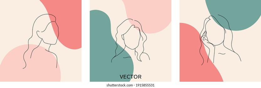  Set of abstract minimalistic female portraits. Vector set of portraits in simple liner style