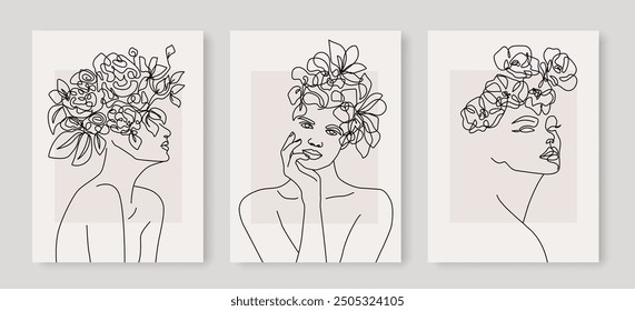 Conjunto de siluetas femeninas minimalistas Abstractas con flores en la cabeza. Cara de mujer en flores. Ilustración de moda de Vector de siluetas florales femeninas de belleza en un estilo lineal elegante de moda.