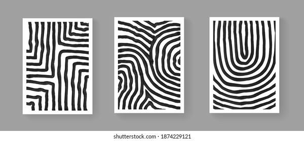 Set of abstract minimalistic hand painted art posters. Mid-century vintage composition. Scandinavian Illustration for Postcards, Covers and Brochures.
