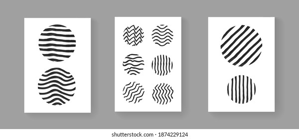 Set of abstract minimalistic hand painted art posters. Mid-centuary vintage circles composition. Scandinavian Illustration for Postcards, Covers and Brochures.