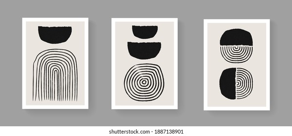 Set of abstract minimalistic hand painted art posters. Mid-centuary vintage composition. Scandinavian Illustration for Postcards, Covers and Brochures.