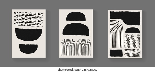 Conjunto de afiches abstractos de arte minimalista pintados a mano. Composición vintage de medio siglo. Ilustración escandinava para postales, cubiertas y folletos.