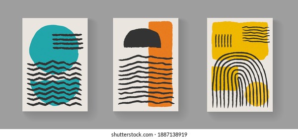 Set of abstract minimalistic hand painted art posters. Mid-century vintage composition. Scandinavian Illustration for Postcards, Covers and Brochures.