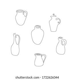 Set of abstract minimalistic jugs and vases in line art style, continuous line trendy elements for contemporary design, vector illustration.