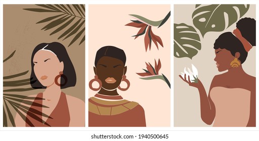 A set of abstract minimalistic portraits of different beautiful young girls, European, African, Asian. Contemporary design for prints, posters, banners, textiles. Vector graphics.