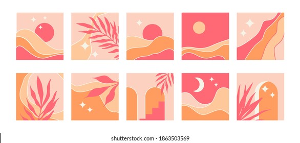 Set of abstract minimalistic square backgrounds in mid century style. Vector illustration with mountain landscape, natural shapes, arches,  sun, moon, stars and palm branches in pink and sand colors.