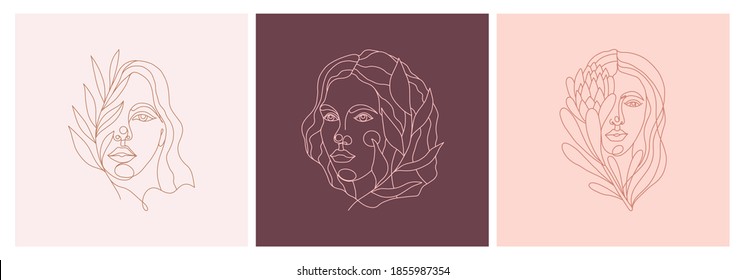 Conjunto de retratos abstractos de mujeres cuadradas minimalistas con flores. Ilustración vectorial de una cara femenina en un estilo de arte lineal continuo. Arte elegante para postales, tatuajes, logos, estampados de camisetas.