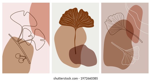  Set abstract minimalistic trend poster with  contour ginkgo biloba leaves. Stylish simple banner with tropical plant herbal print. Vector graphics.
