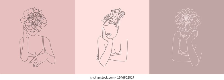 Set of Abstract minimalistic Women figure with Flowers. Vector fashion illustration of the female body in a trendy linear style. Elegant art for posters, tattoos, logos, t-shirts prints