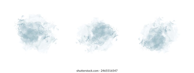 Set of abstract moderate blue watercolor water splash on a white background. Vector watercolour texture in salad color. Ink paint brush stain. Blue splatters spot. Watercolor pastel splash