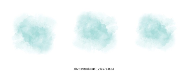 Set of abstract moderate cyan watercolor water splash on a white background. Vector watercolour texture in salad color. Ink paint brush stain. Moderate cyan splatters spot. Watercolor pastel splash