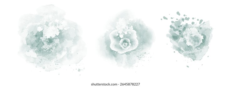 Conjunto de abstrato moderado ciano aquarela salpicos em um fundo branco. Textura de aquarela vetorial em cor de salada. Mancha de pincel de tinta. Manchas de Ciano. Mancha pastel aquarela