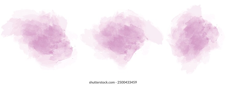 Set of abstract moderate magenta watercolor water splash on a white background. Vector watercolour texture in salad color. Ink paint brush stain.  Magenta splatters spot. Watercolor pastel splash