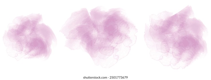 Set of abstract moderate magenta watercolor water splash on a white background. Vector watercolour texture in salad color. Ink paint brush stain.  Magenta splatters spot. Watercolor pastel splash