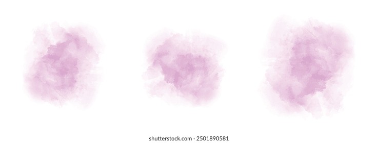 Set of abstract moderate magenta watercolor water splash on a white background. Vector watercolour texture in salad color. Ink paint brush stain.  Magenta splatters spot. Watercolor pastel splash