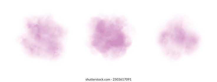 Set of abstract moderate magenta watercolor water splash on a white background. Vector watercolour texture in salad color. Ink paint brush stain.  Magenta splatters spot. Watercolor pastel splash