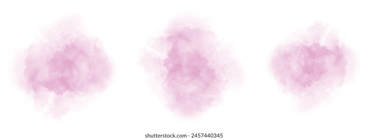 Set of abstract moderate pink watercolor water splash on a white background. Vector watercolour texture in salad color. Ink paint brush stain. Moderate pink splatters spot. Watercolor pastel splash