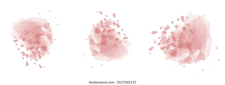 Conjunto de salpicaduras de agua de acuarela roja moderada abstracta sobre un fondo blanco. Textura de acuarela de Vector en color de ensalada. Tinción de pincel de tinta. El rojo moderado salpica la mancha. Salpicadura de pastel de acuarela