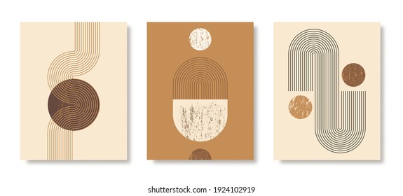 Set von abstrakten, modernen Kunsthintergründen mit einfachen geometrischen Formen von Linien und Kreisen. Boho Vector Illustration im minimalistischen Stil und Terrafarben für Poster, Cover, Banner, Social Media-Post