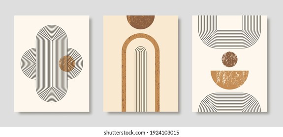 Set of Abstract Modern Art Backgrounds with simple geometric shapes of lines and circles. Boho Vector Illustration in minimal style and neutral colors for poster, T-shirt print, cover, banner