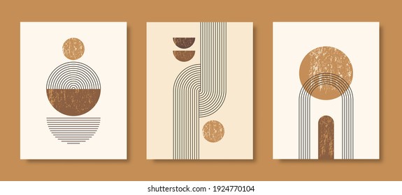 Set of Abstract Modern Art Backgrounds with simple geometric shapes of lines and circles. Boho Vector Illustration in minimal style and pastel colors for poster, T-shirt print, cover, banner