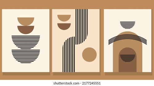 Conjunto de Antecedentes Resumen de Arte Moderno con formas geométricas simples de líneas y círculos. Ilustración de vectores Boho en un estilo mínimo y colores neutros para afiches, estampado de camisetas, cubierta, banner.