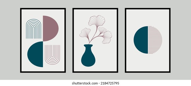 Conjunto de Antecedentes Resumen de Arte Moderno con formas geométricas simples de líneas y círculos. Ilustración de vectores Boho con un estilo mínimo y colores neutros para afiches, estampado de camisetas, cubierta, banner