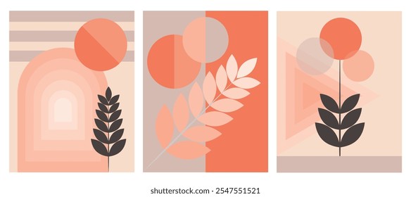 Conjunto de fondos Abstractas de arte moderno con Formas geométricas simples de líneas y círculos. Ilustración vectorial Boho en estilo minimalista y colores pastel para póster, portada, Anuncio. Ilustración vectorial