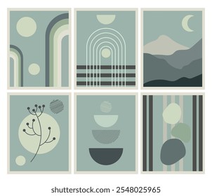 Conjunto de fundos de arte moderna abstrata com formas geométricas simples de linhas e círculos. Boho Vetor Ilustração em estilo mínimo e cores pastel para cartaz, capa, banner