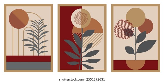 Set of Abstract Modern Art Backgrounds with simple geometric shapes of lines and circles. Boho Vector Illustration in minimal style and pastel colors for poster, cover, banner
