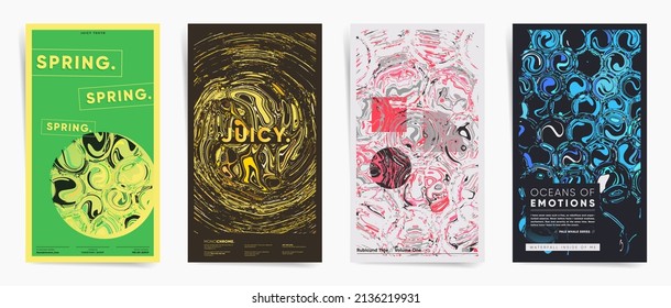 Set of abstract modern art stories with marble ink, geometric shapes, organic elements for social posts, brochure, flyer, leaflet, presentation, cover. Vector summer vacation event design backgrounds.