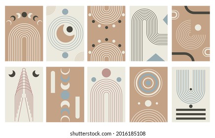 Set of Abstract modern background posters with geometric shapes. Boho minimalist art. Cards with abstract balance shapes. 