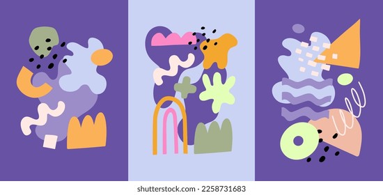 Conjunto de orígenes abstractos modernos con formas geométricas y funky. Ilustración vectorial. Formas minimalistas, holo lilac