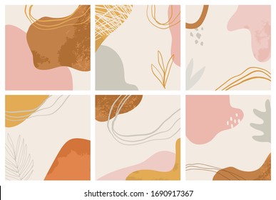 Set of abstract modern backgrounds. Hand drawn various shapes and doodle objects. Contemporary modern trendy vector illustrations. Posters, instagram posts, social media.