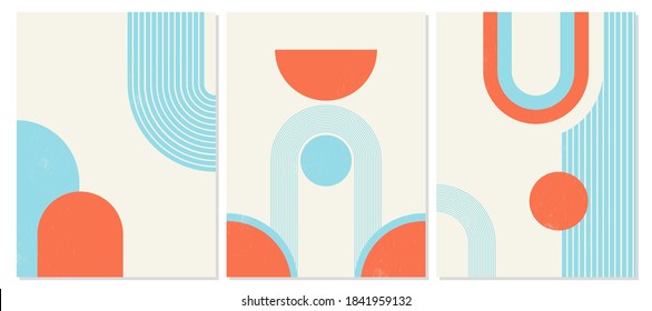 Set Of Abstract Modern Backgrounds With Harmonious Geometric Shapes, Rainbow And Sun. Trending Cover Designs In A Minimal Mid Century Style In Blues And Oranges.Natural Organic Line Shapes.