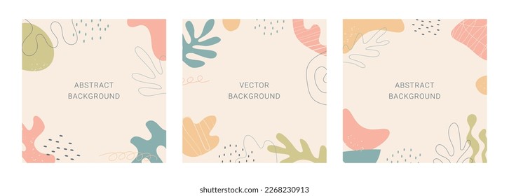 Conjunto de abstractos antecedentes modernos con formas naturales orgánicas y garabatos. Plantilla de portada de vectores con espacio de copia para texto. Diseño minimalista para medios sociales, historias, banner, afiche, tarjeta de saludo.