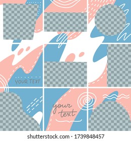 Set of abstract modern backgrounds with place to photo. Hand drawn various shapes and doodle objects. Posters, posts for social media. Flat hand drawn vector illustration of 9 isolated puzzle collage