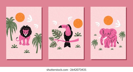 A set of abstract modern banners with hand-drawn lion, elephant, and tropical toucan bird. Flat fashionable vector illustration.