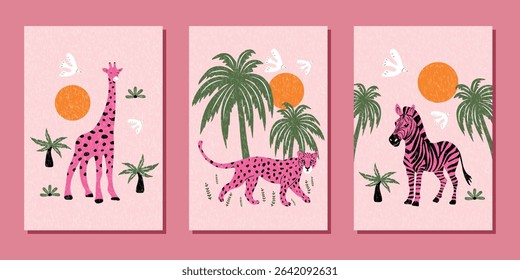 A set of abstract, modern banners with hand-drawn leopard, giraffe and zebra. Flat vector illustration.
