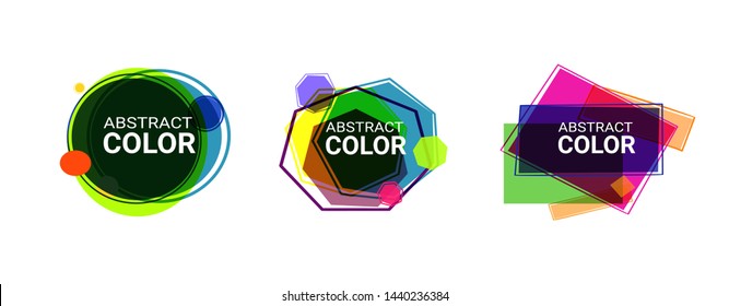 Set of abstract modern bright graphic elements. Dynamical colored forms and line. Abstract banners with circle, hexagon, square shapes. Template for logo, flyer, presentation design. Vector