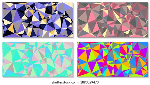 Set of Abstract Modern bright polygonal mosaic backgrounds in neon and holographic colors. Geometric pattern background in low poly style. Business design templates. Vector illustration