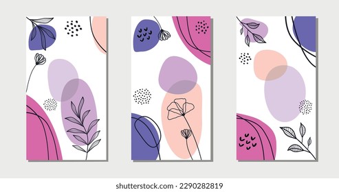 Set of Abstract modern bright shapes with floral elements for cover design.  Vector illustration