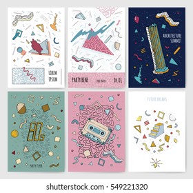 Set of abstract modern cards templates with isolated geometric elements. Collection retro style poster. Trendy colors.