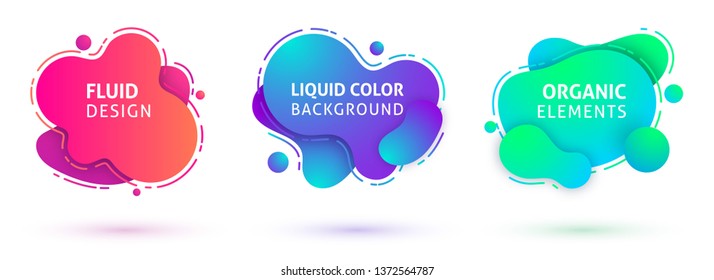 Set of abstract modern color liquid elements. Dynamic colorful banner design with text. Fluid gradient geometric shapes, dots, lines for presentation, cover, logo, flyer, web. Vector illustration
