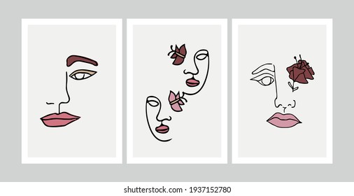 Set von abstrakten modernen, zeitgenössischen Gesichtsporträts. Handgezeichnete Vektorgrafik im modernen minimalistischen Stil. Kontinuierliche Linienkunst.