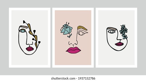 Set of abstract modern contamporary face portrait. Hand drawn vector illustration in modern minimal style. Continuous line art.