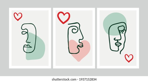 Set of abstract modern contamporary face portrait. Hand drawn vector illustration in modern minimal style. Continuous line art.
