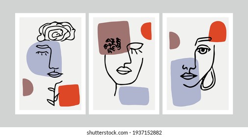 Set of abstract modern contamporary face portrait. Hand drawn vector illustration in modern minimal style. Continuous line art.