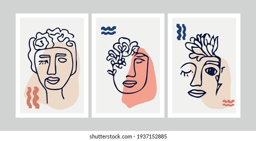 Conjunto de retratos abstractos modernos y contemporáneos de cara. Ilustración vectorial dibujada a mano en un estilo moderno mínimo. Arte de línea continuo.